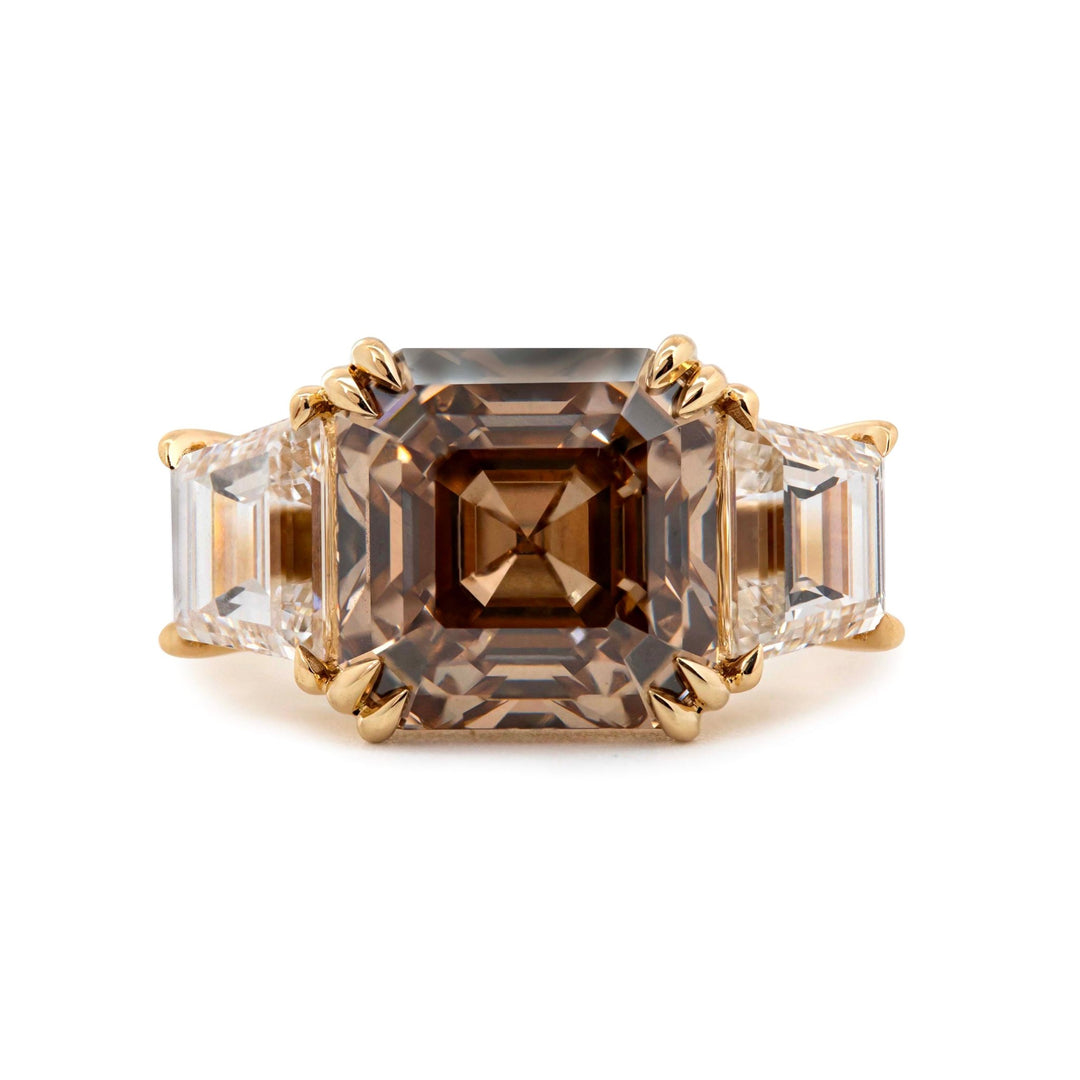 Asscher - Cut Brown Lab Diamond Three - Stone Engagement Ring with Double - Claw Prongs and Trapezoid Step - Cut Side Stones - FIORESE JEWELRY