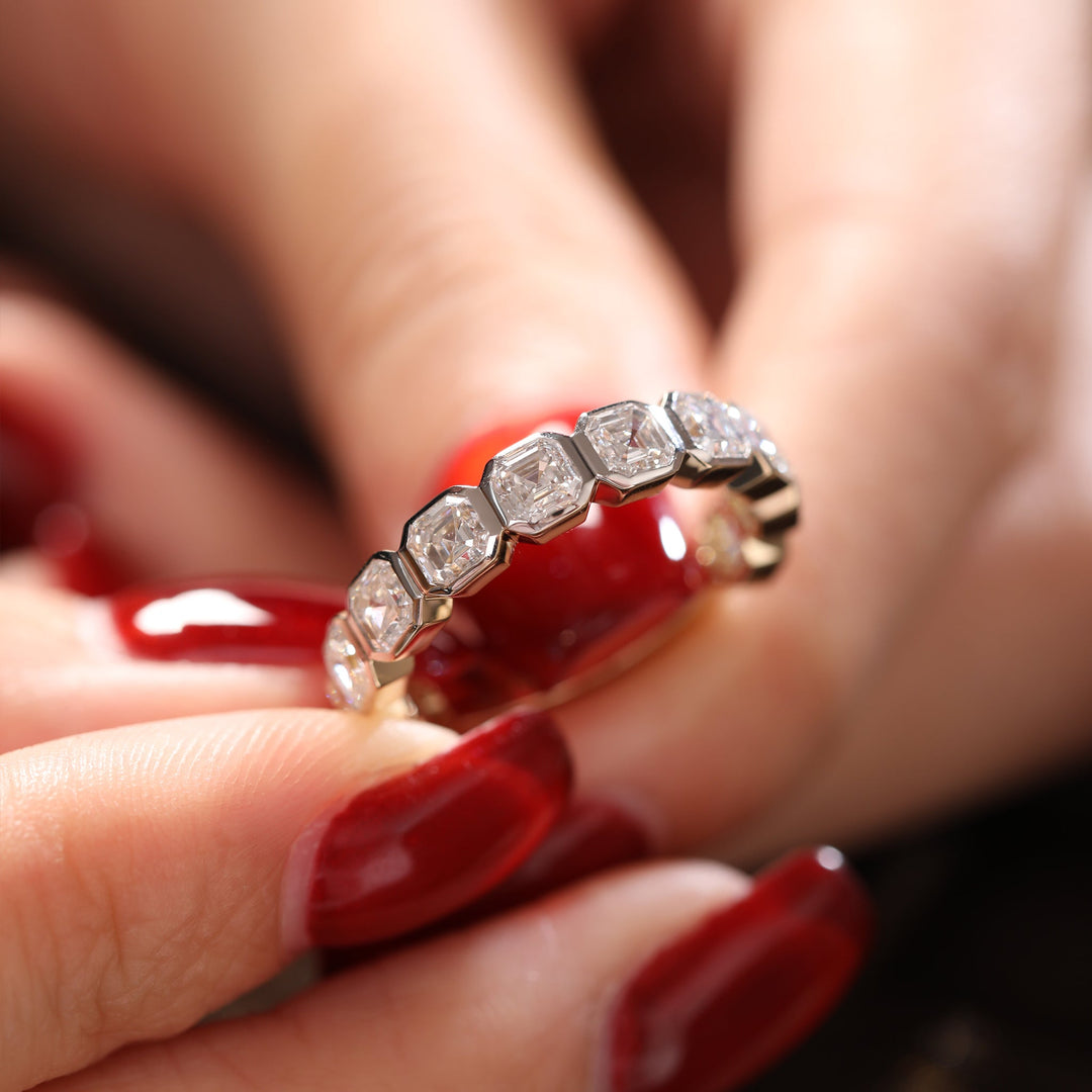 Asscher - Cut Lab Diamond Bezel 2/3 Eternity Ring with Two - Tone Design - FIORESE JEWELRY