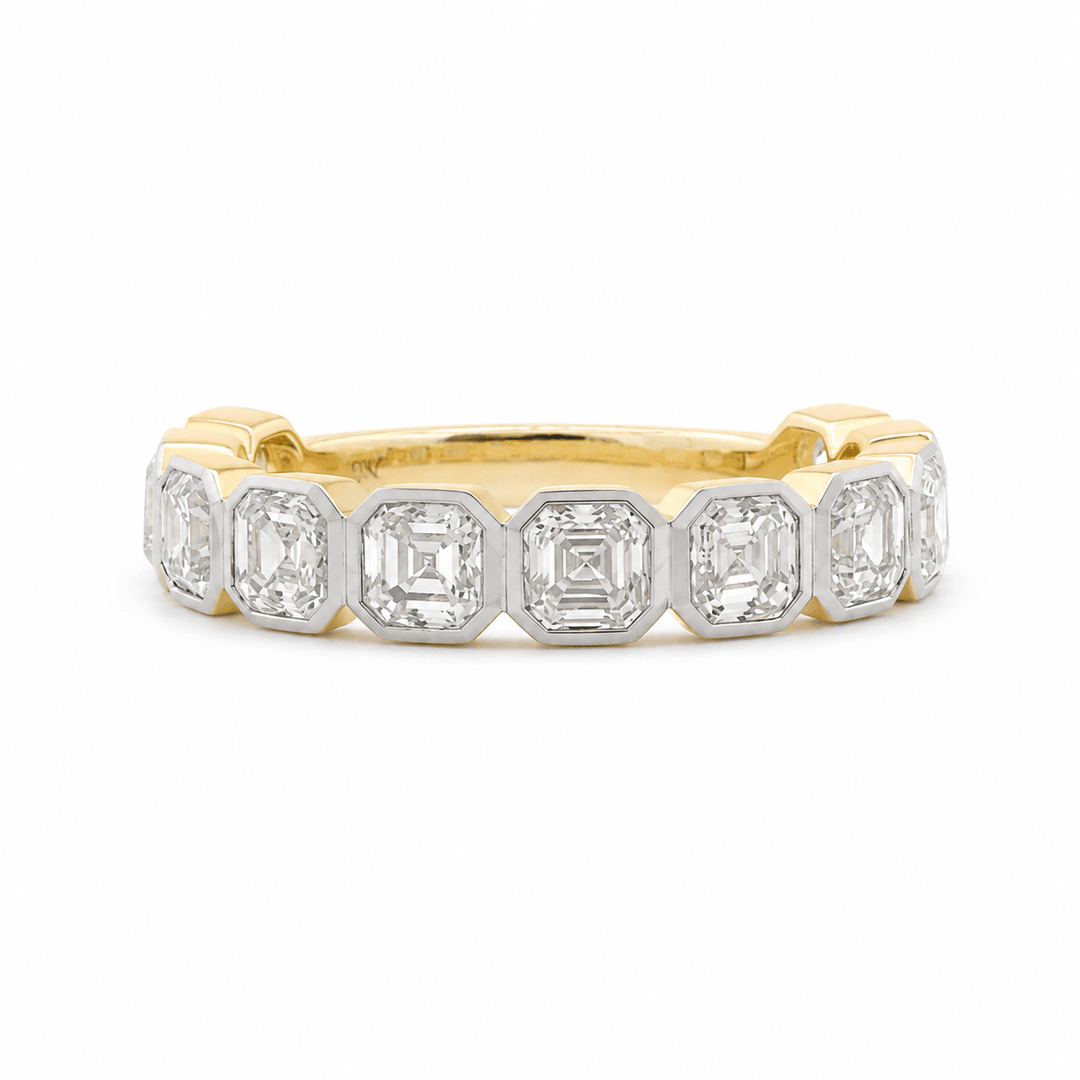 Asscher - Cut Lab Diamond Bezel 2/3 Eternity Ring with Two - Tone Design - FIORESE JEWELRY