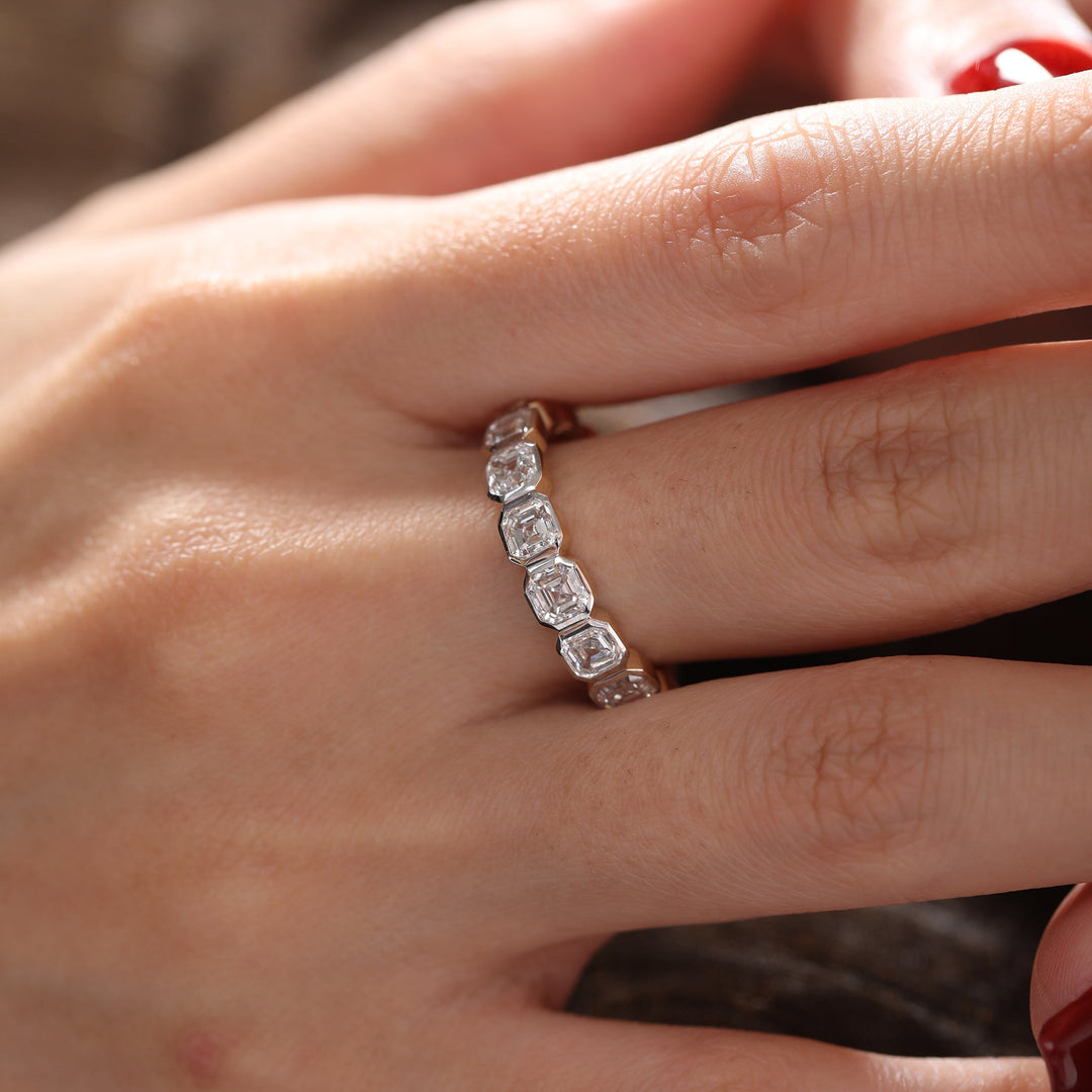 Asscher - Cut Lab Diamond Bezel 2/3 Eternity Ring with Two - Tone Design - FIORESE JEWELRY