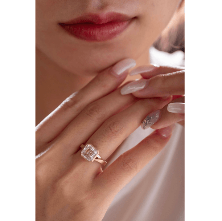 Asscher - Cut Lab Diamond Bezel - Set Matte Solitaire Ring with Dynamic Shank - FIORESE JEWELRY