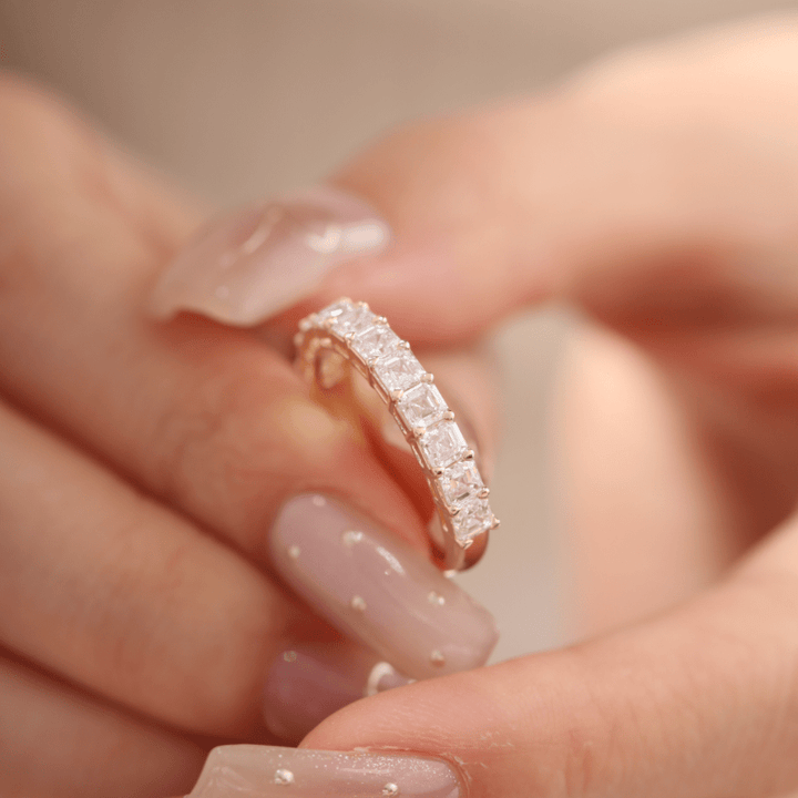 Asscher-Cut Lab Diamond Half Eternity Ring with Shared Claw Prongs - FIORESE JEWELRY