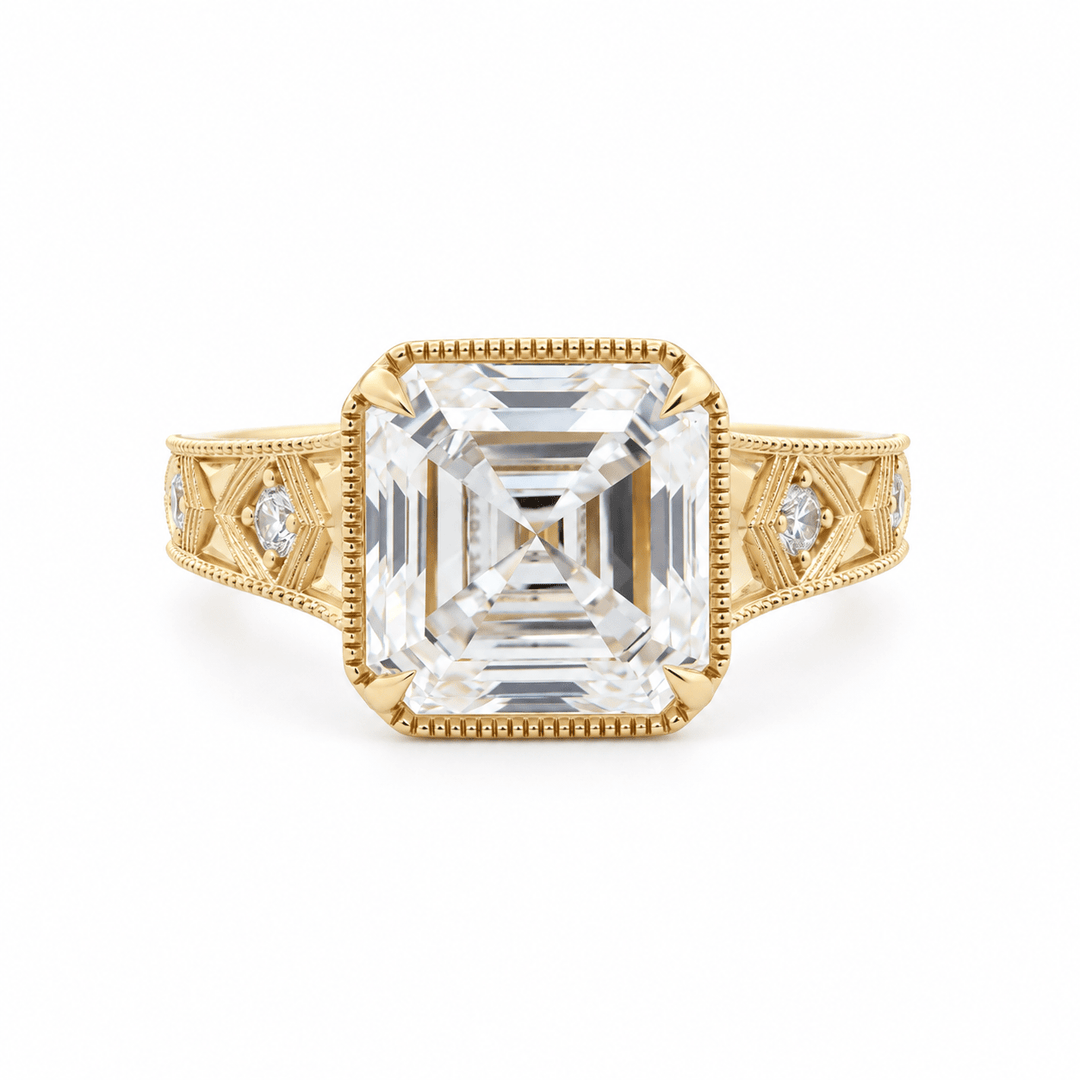 Asscher-Cut Lab Diamond Millegrain Bezel Ring with Geometric Carved Band - FIORESE JEWELRY