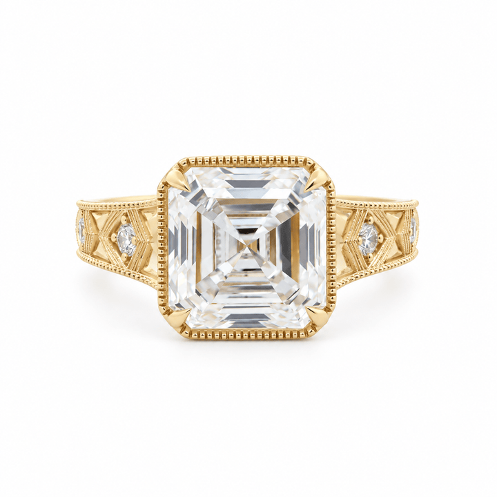 Asscher-Cut Lab Diamond Millegrain Bezel Ring with Geometric Carved Band - FIORESE JEWELRY