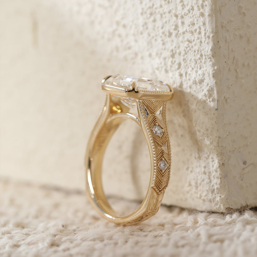 Asscher-Cut Lab Diamond Millegrain Bezel Ring with Geometric Carved Band - FIORESE JEWELRY
