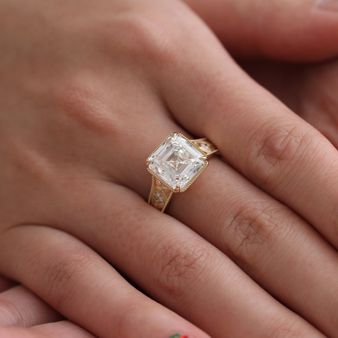 Asscher-Cut Lab Diamond Millegrain Bezel Ring with Geometric Carved Band - FIORESE JEWELRY