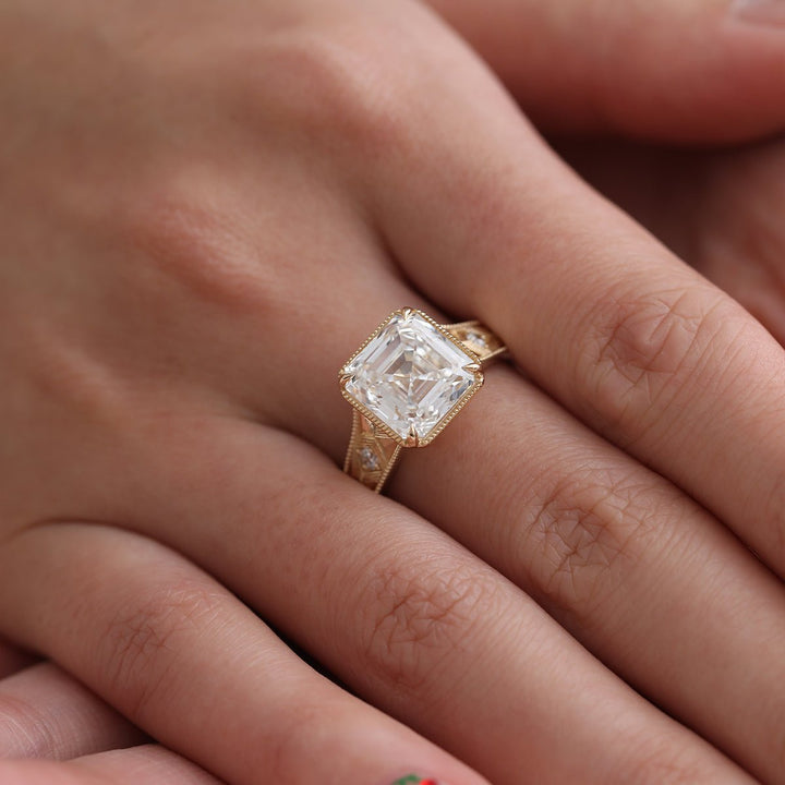 Asscher-Cut Lab Diamond Millegrain Bezel Ring with Geometric Carved Band - FIORESE JEWELRY