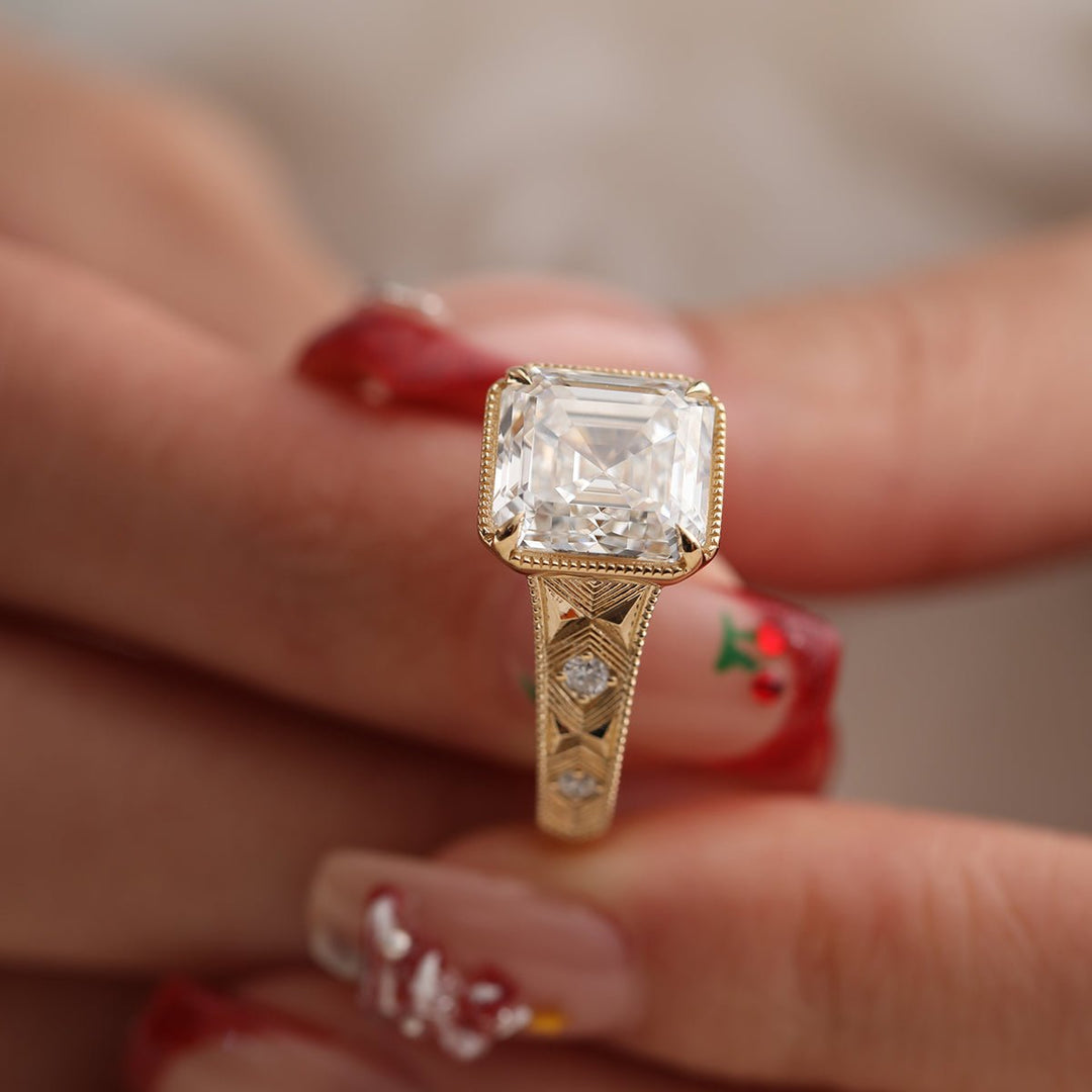 Asscher-Cut Lab Diamond Millegrain Bezel Ring with Geometric Carved Band - FIORESE JEWELRY
