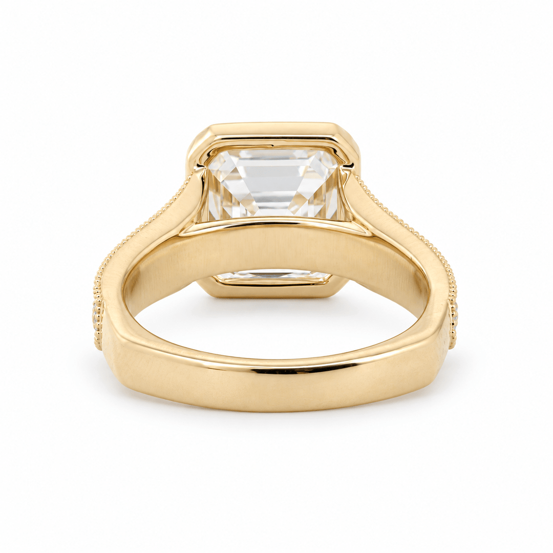 Asscher-Cut Lab Diamond Millegrain Bezel Ring with Geometric Carved Band - FIORESE JEWELRY