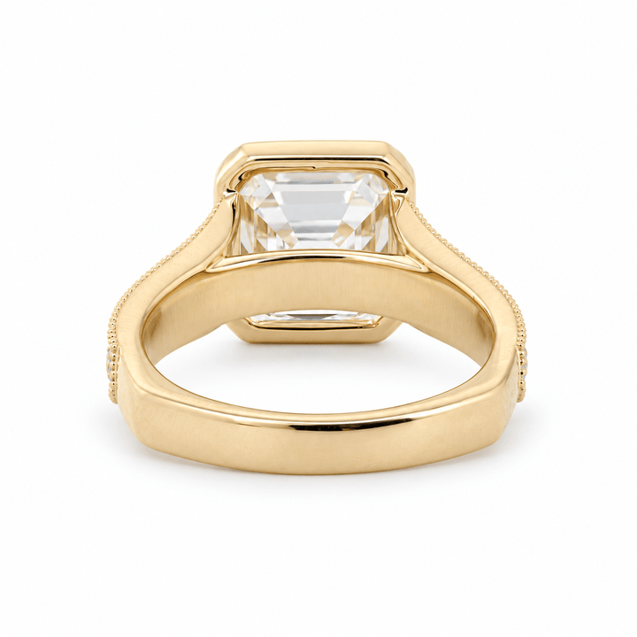 Asscher-Cut Lab Diamond Millegrain Bezel Ring with Geometric Carved Band - FIORESE JEWELRY