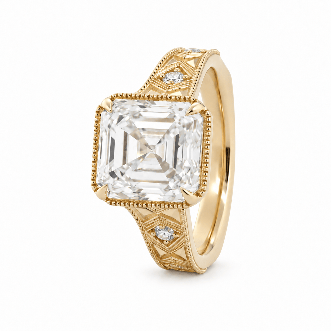 Asscher-Cut Lab Diamond Millegrain Bezel Ring with Geometric Carved Band - FIORESE JEWELRY