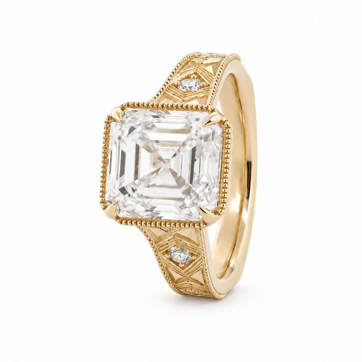Asscher-Cut Lab Diamond Millegrain Bezel Ring with Geometric Carved Band - FIORESE JEWELRY