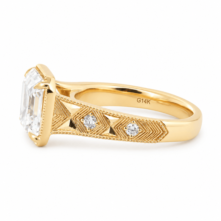 Asscher-Cut Lab Diamond Millegrain Bezel Ring with Geometric Carved Band - FIORESE JEWELRY