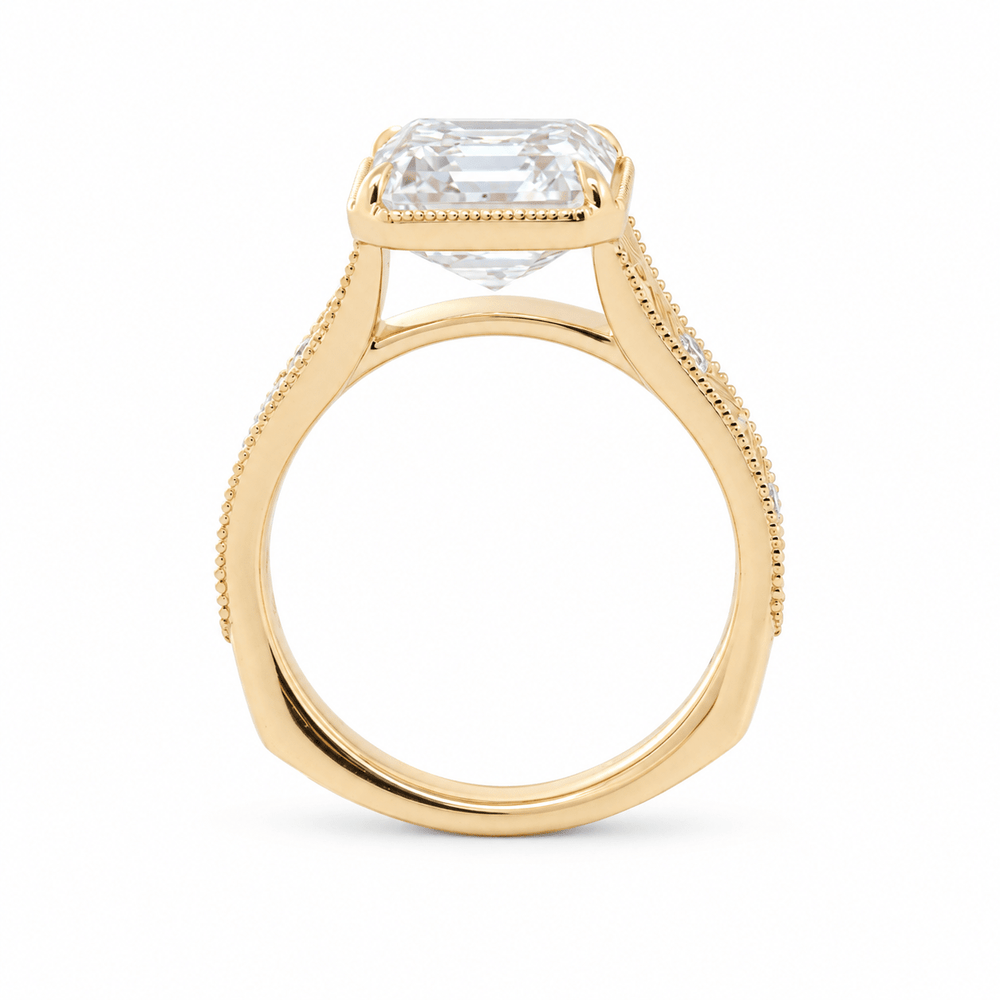 Asscher-Cut Lab Diamond Millegrain Bezel Ring with Geometric Carved Band - FIORESE JEWELRY