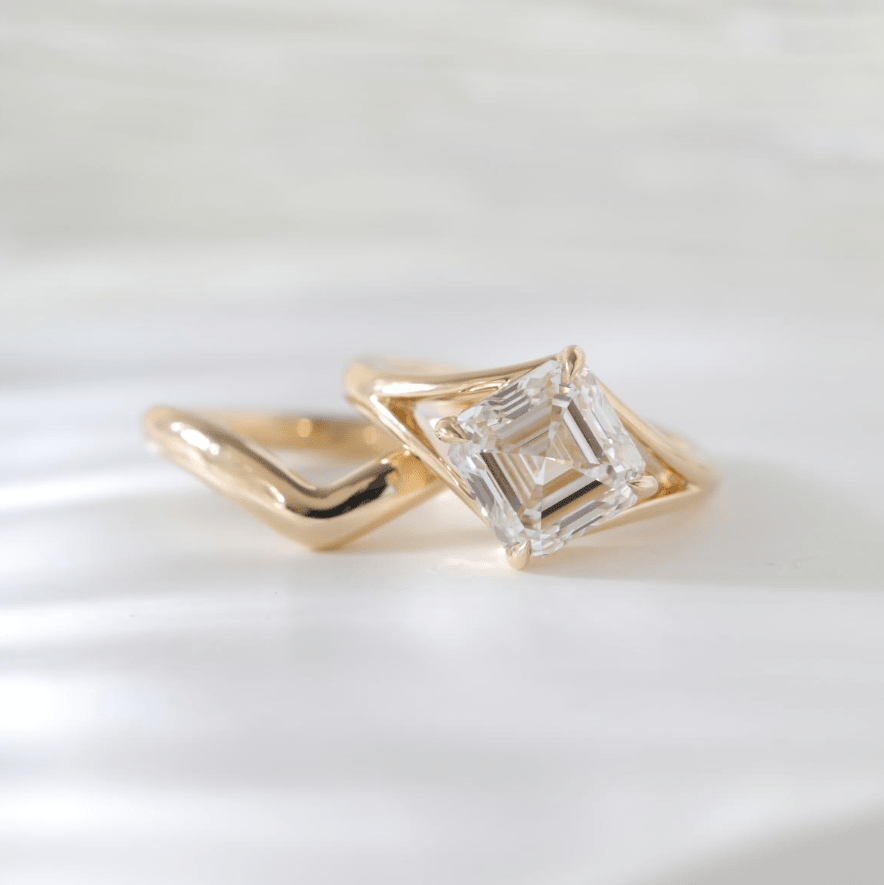 Asscher-Cut Lab Diamond Solitaire Bridal Set with Wavy Matching Band - FIORESE JEWELRY