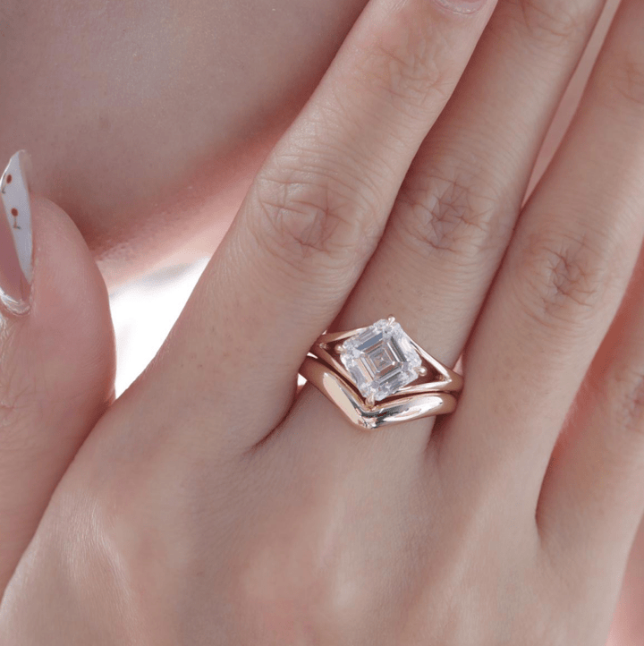 Asscher-Cut Lab Diamond Solitaire Bridal Set with Wavy Matching Band - FIORESE JEWELRY