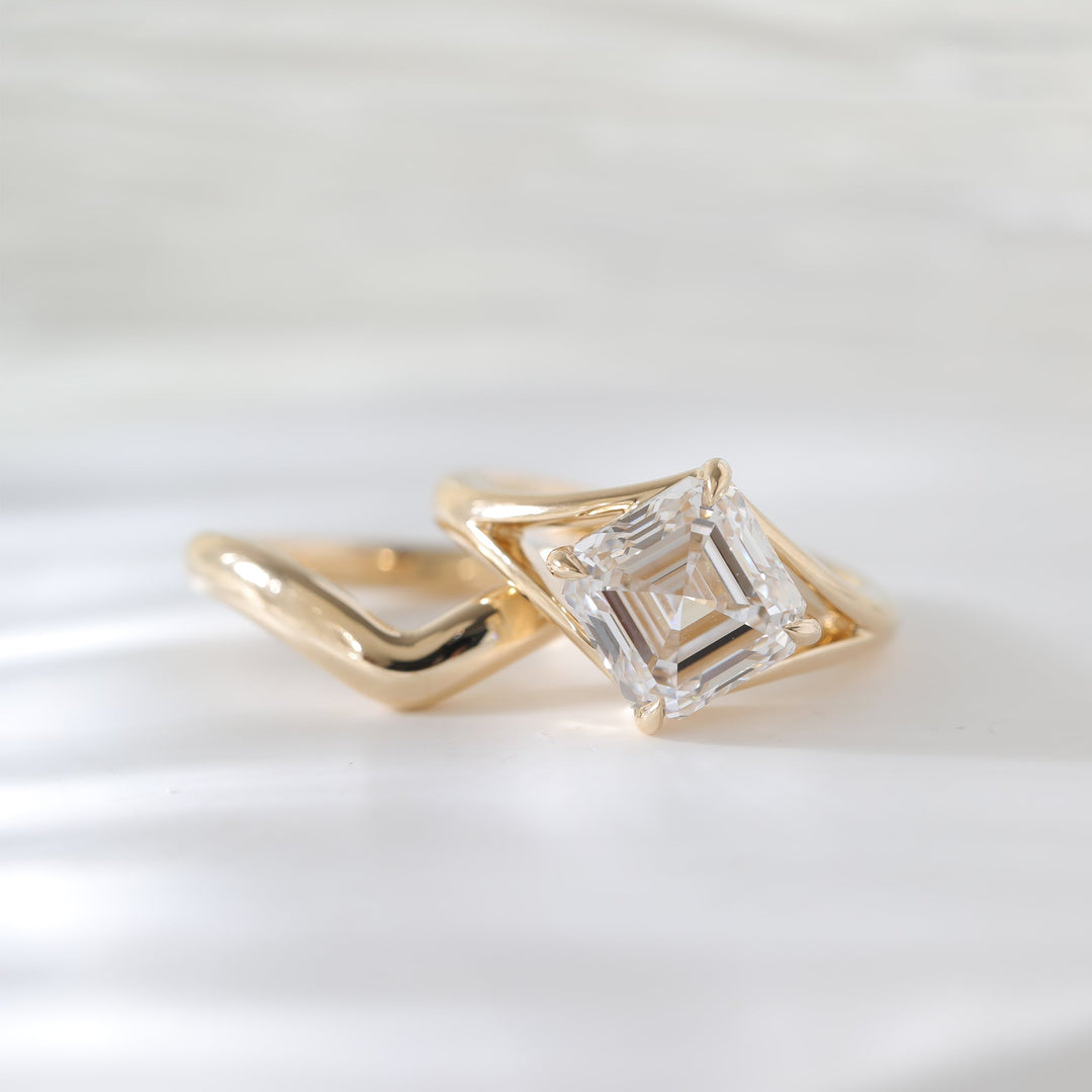Asscher-Cut Lab Diamond Solitaire Bridal Set with Wavy Matching Band - FIORESE JEWELRY