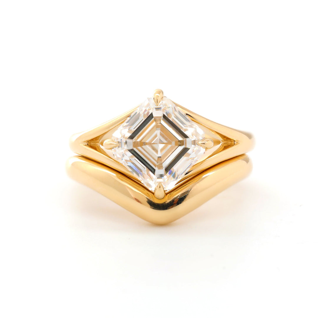 Asscher-Cut Lab Diamond Solitaire Bridal Set with Wavy Matching Band - FIORESE JEWELRY