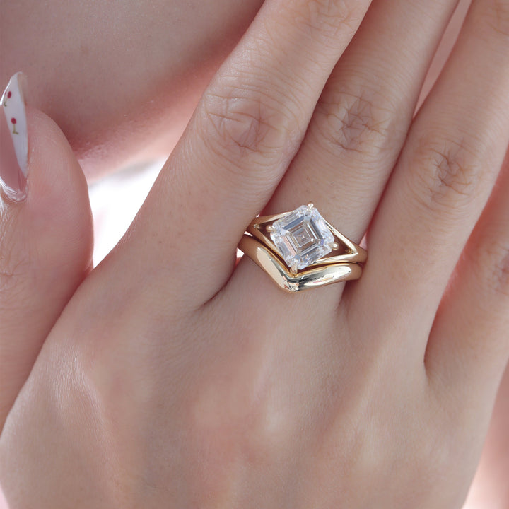 Asscher-Cut Lab Diamond Solitaire Bridal Set with Wavy Matching Band - FIORESE JEWELRY
