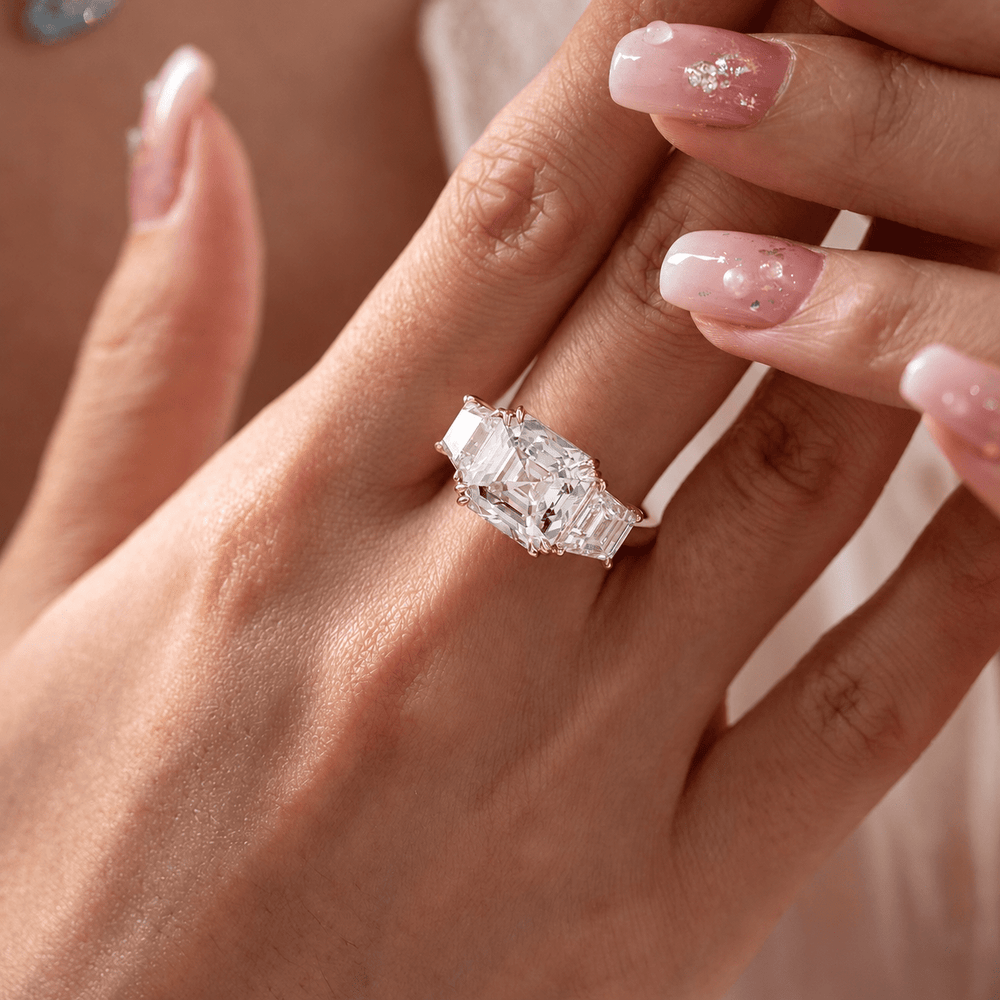 Asscher - Cut Lab Diamond Three - Stone Ring with Trapezoid Side Stones - FIORESE JEWELRY
