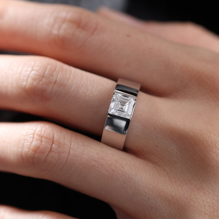 Asscher Cut Lab Diamond Wide Band Design Ring - FIORESE JEWELRY