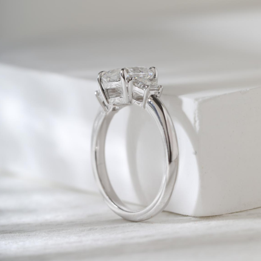Cushion Brilliant Cut Lab Diamond 4 Claw Prong Basket Three-stone Ring with Brilliant Cut Trapezoid Side-stones