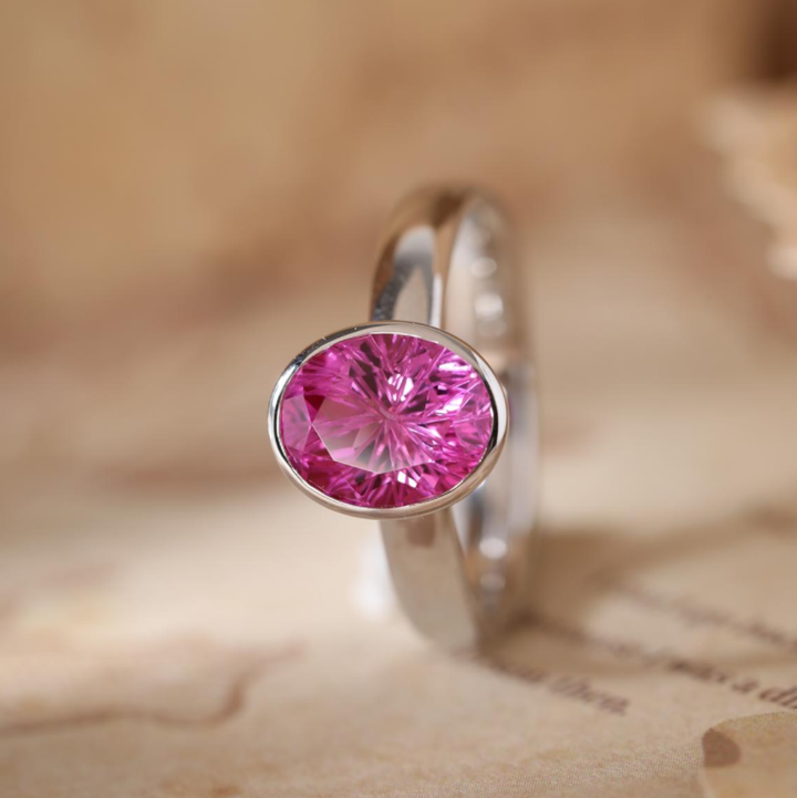 Starbrite-Cut Pink Lab Sapphire Bezel Solitaire Ring with European Shank
