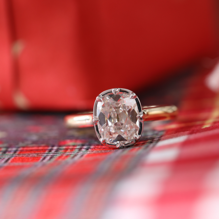 Elongated Old Mine-Cut Lab Diamond Solitaire Ring with Floating Head