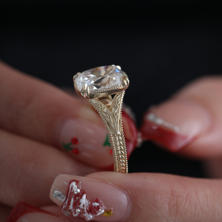 Elongated Old Mine-Cut Lab Diamond Antique-Inspired Ring