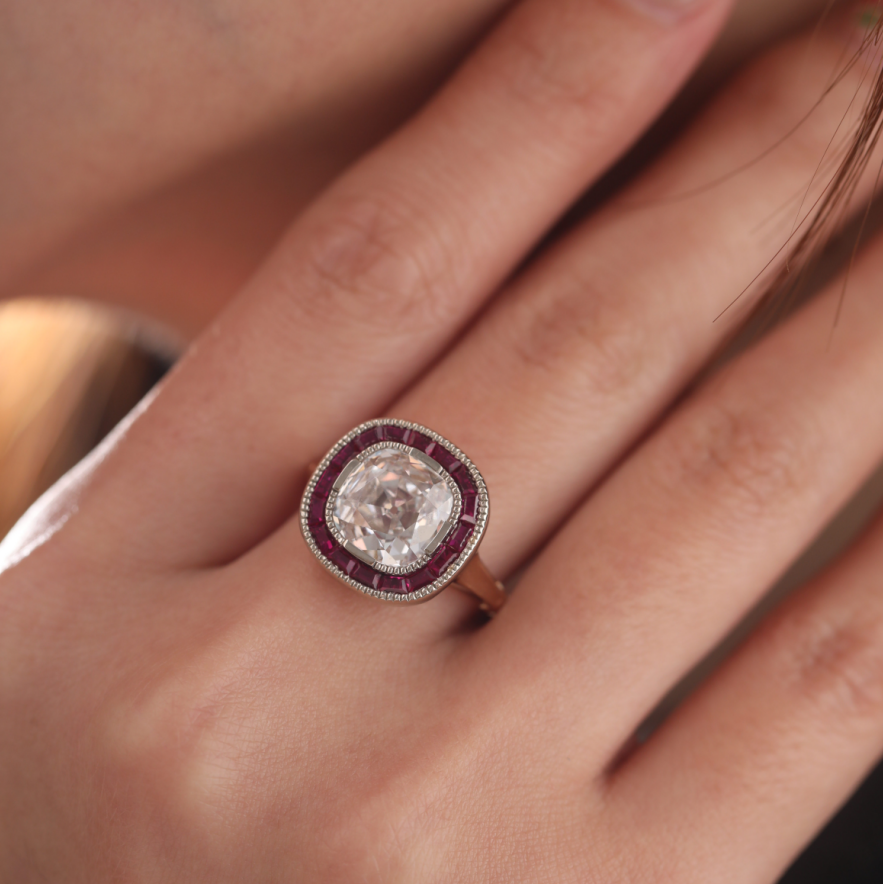Old Mine-Cut Lab Diamond Millegrain Bezel Ring with Tapered Baguette Ruby Halo