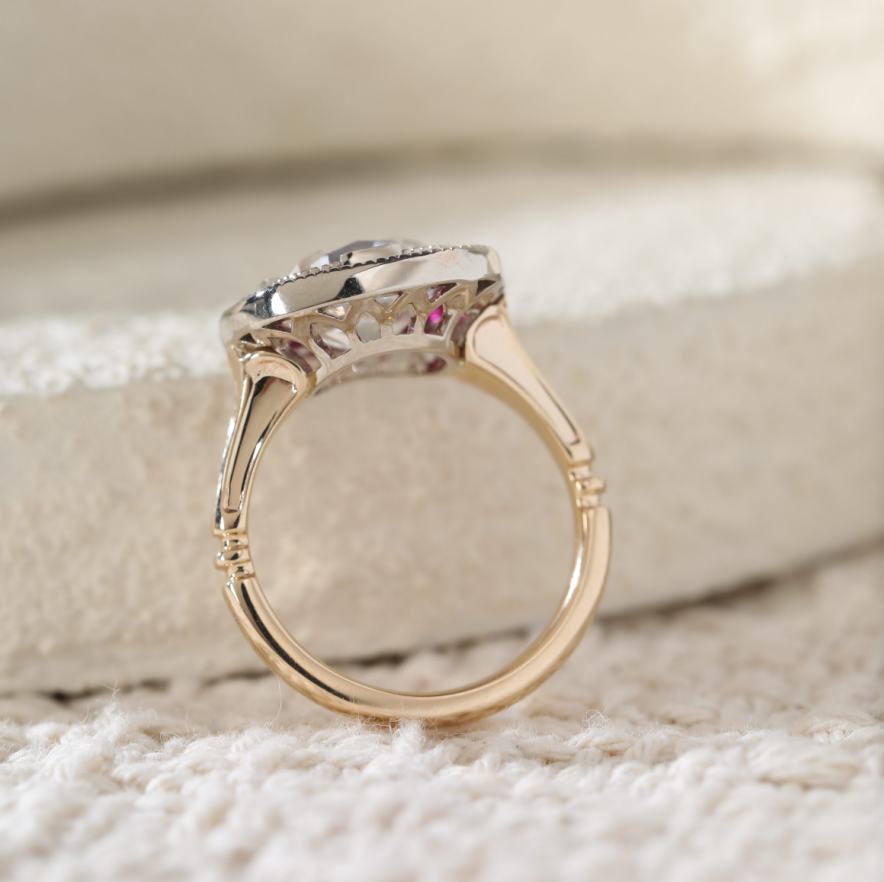 Old Mine-Cut Lab Diamond Millegrain Bezel Ring with Tapered Baguette Ruby Halo