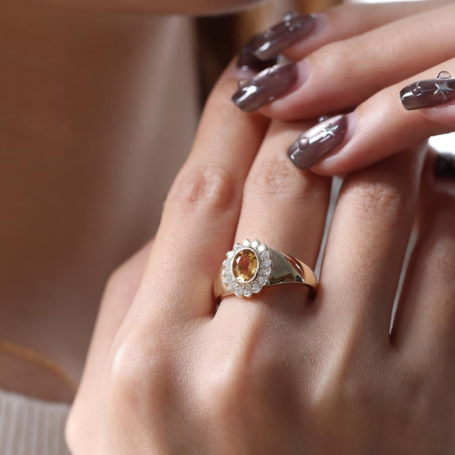 7*5mm Oval Natural Citrine Bezel Flower Ring with Round Lab Diamond Halo — Art Nouveau Nature-Inspired