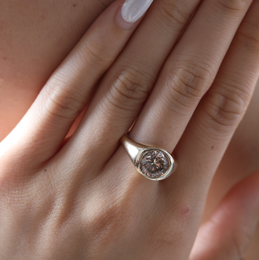 14K Yellow Gold 2.5ct Round Brown Lab Diamond Bezel Solitaire Ring with Tapered Band Design