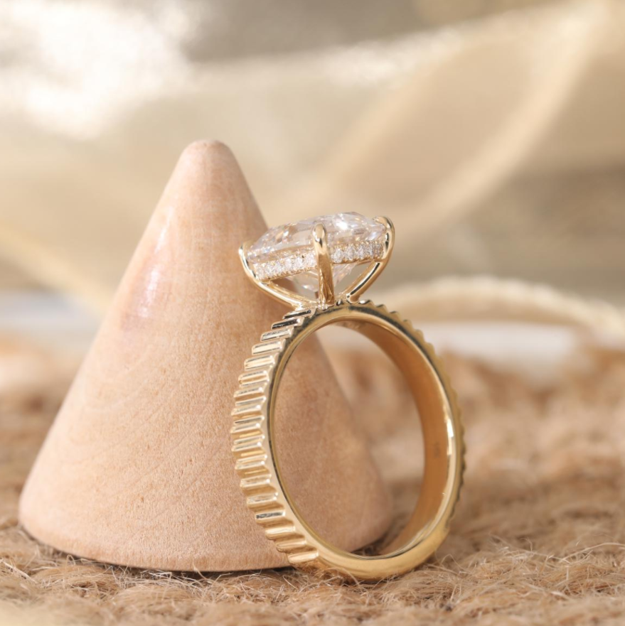 14K Yellow Gold 3.5ct Elongated Old Mine Cut Lab Diamond 4 Claw Basket Ring with Round Lab Diamond Hidden Halo