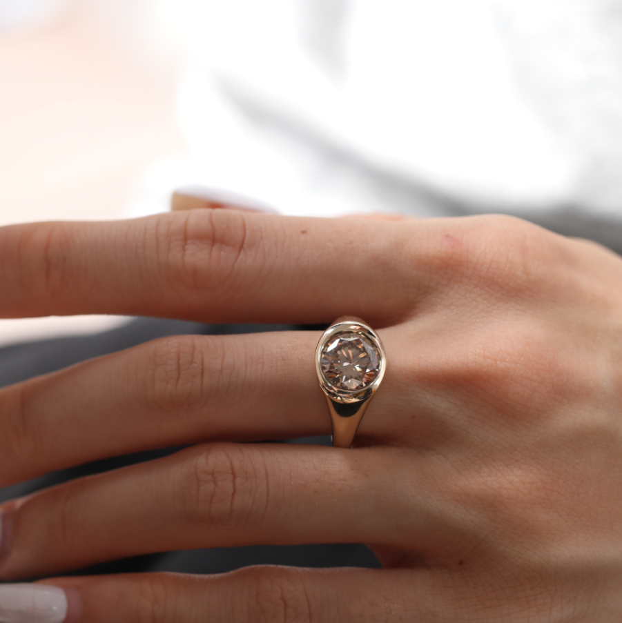 14K Yellow Gold 2.5ct Round Brown Lab Diamond Bezel Solitaire Ring with Tapered Band Design