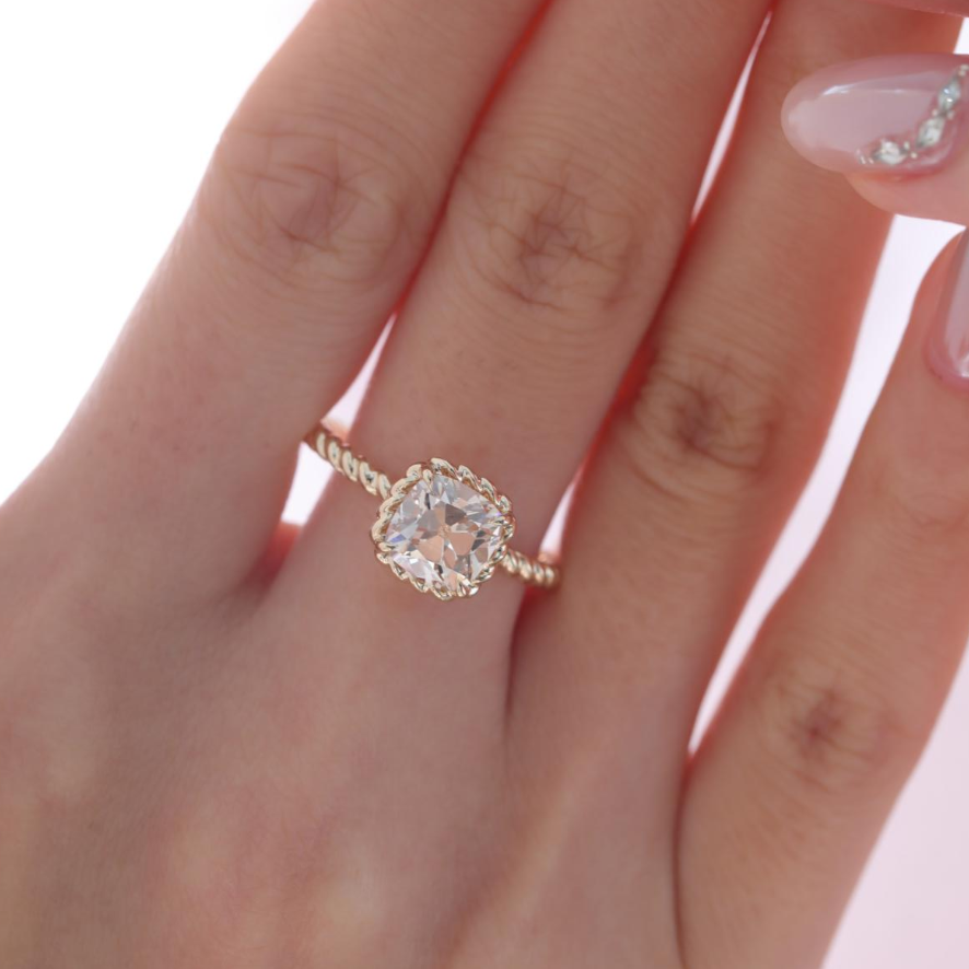 Old Mine-Cut Lab Diamond Solitaire Ring with Twisted Rope Gallery