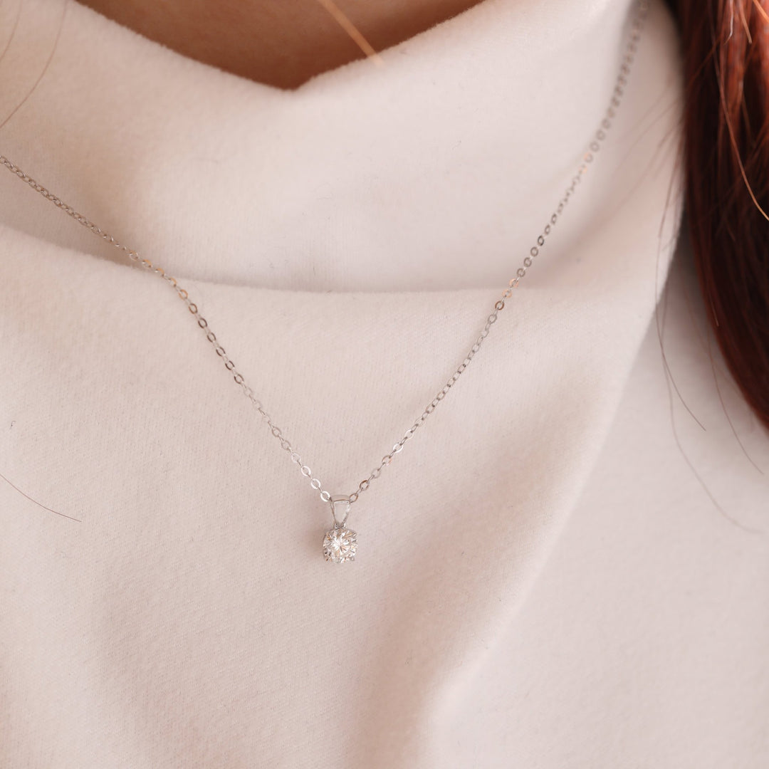 Cherished Moments 14K White Gold 1ct Round Lab Diamond 4 Claw Prongs Basket Necklace (DE/G Color, VS Clarity) - FIORESE JEWELRY