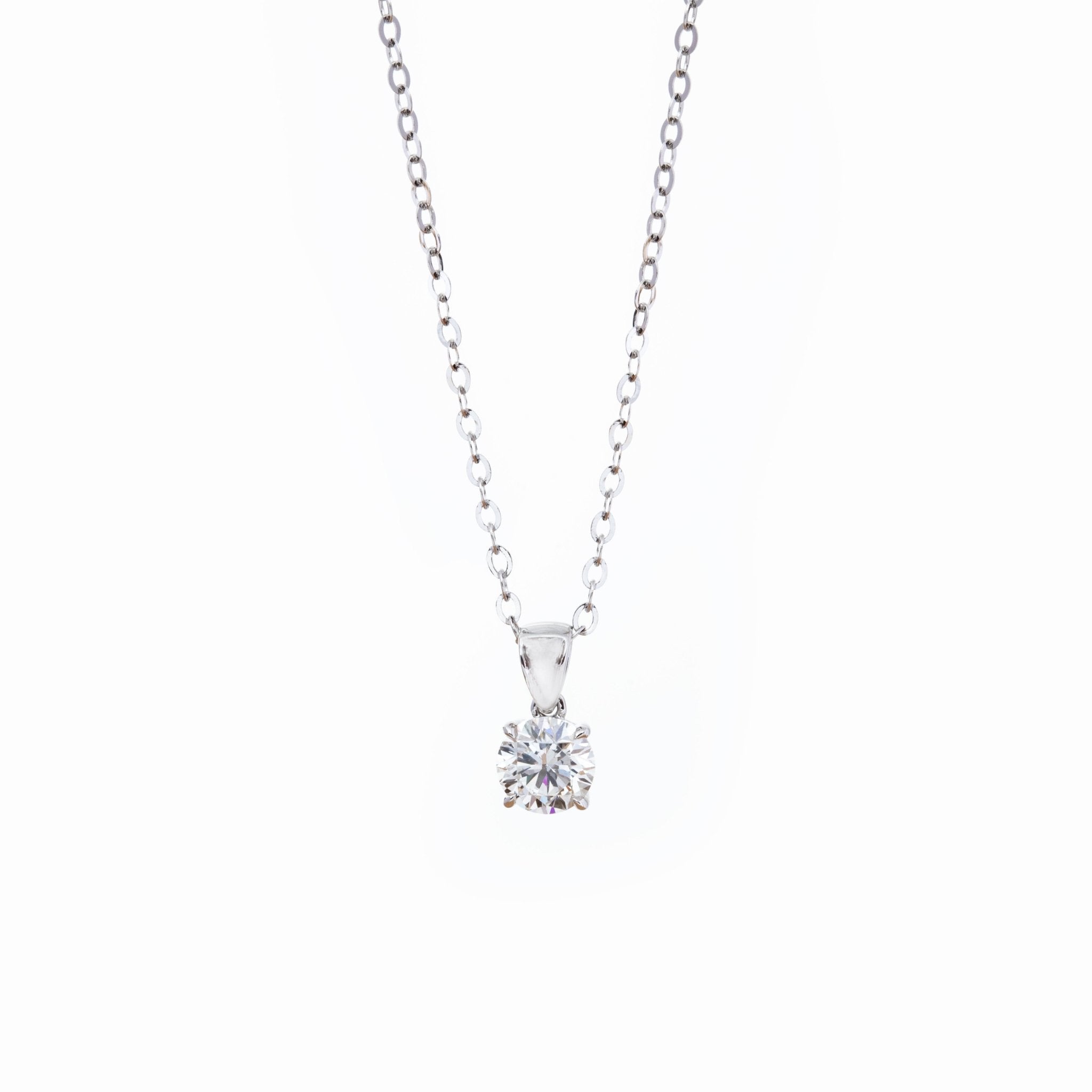 Cherished Moments 14K White Gold 1ct Round Lab Diamond 4 Claw Prongs Basket Necklace (DE/G Color, VS Clarity) - FIORESE JEWELRY