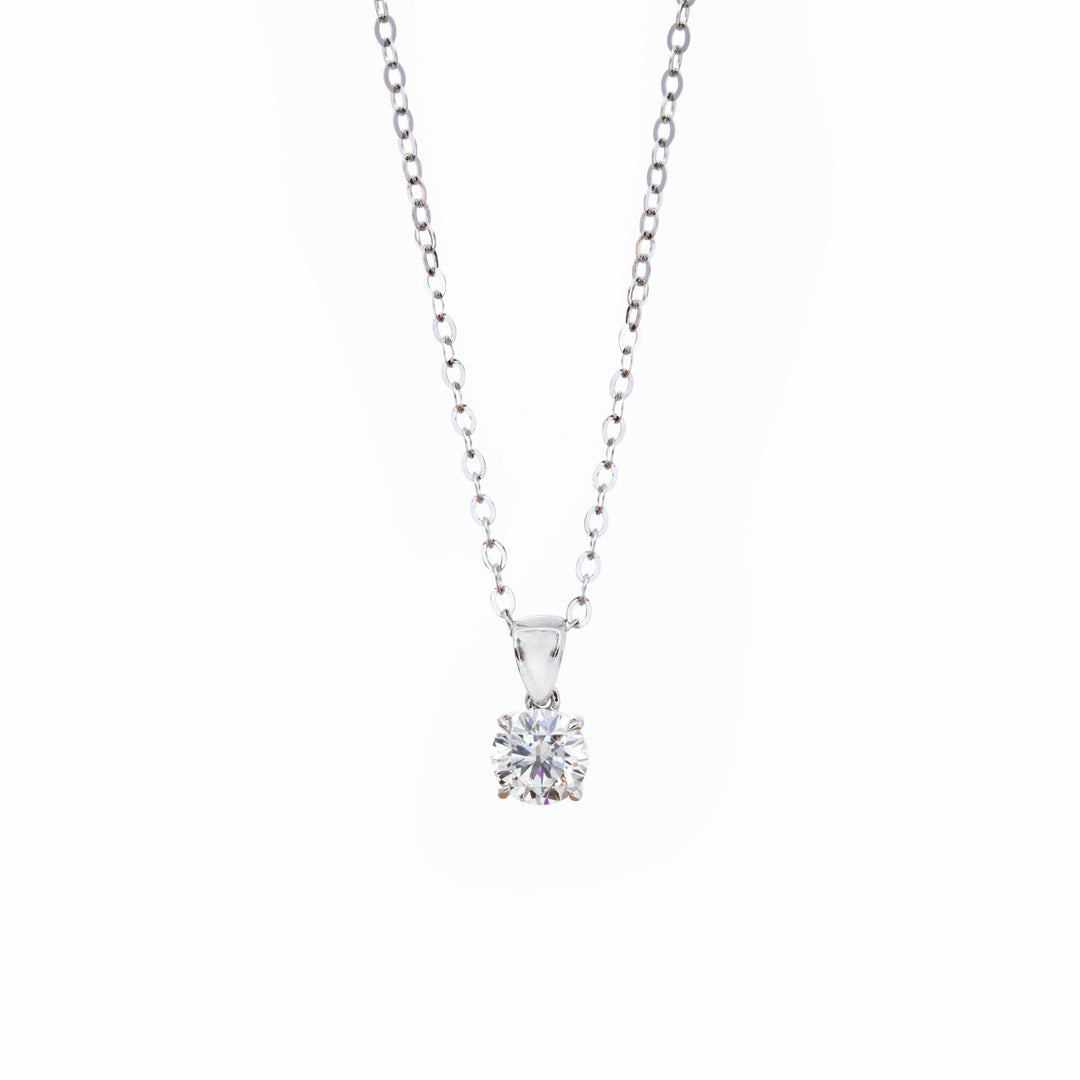 Cherished Moments 14K White Gold 1ct Round Lab Diamond 4 Claw Prongs Basket Necklace (DE/G Color, VS Clarity) - FIORESE JEWELRY