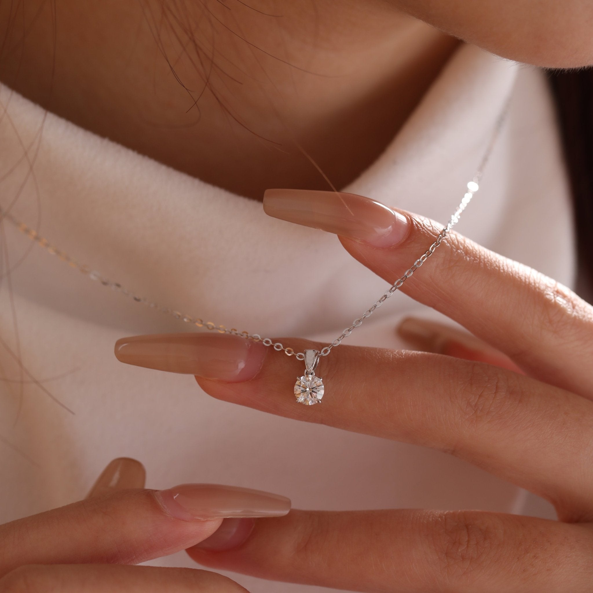 Cherished Moments 14K White Gold 1ct Round Lab Diamond 4 Claw Prongs Basket Necklace (DE/G Color, VS Clarity)