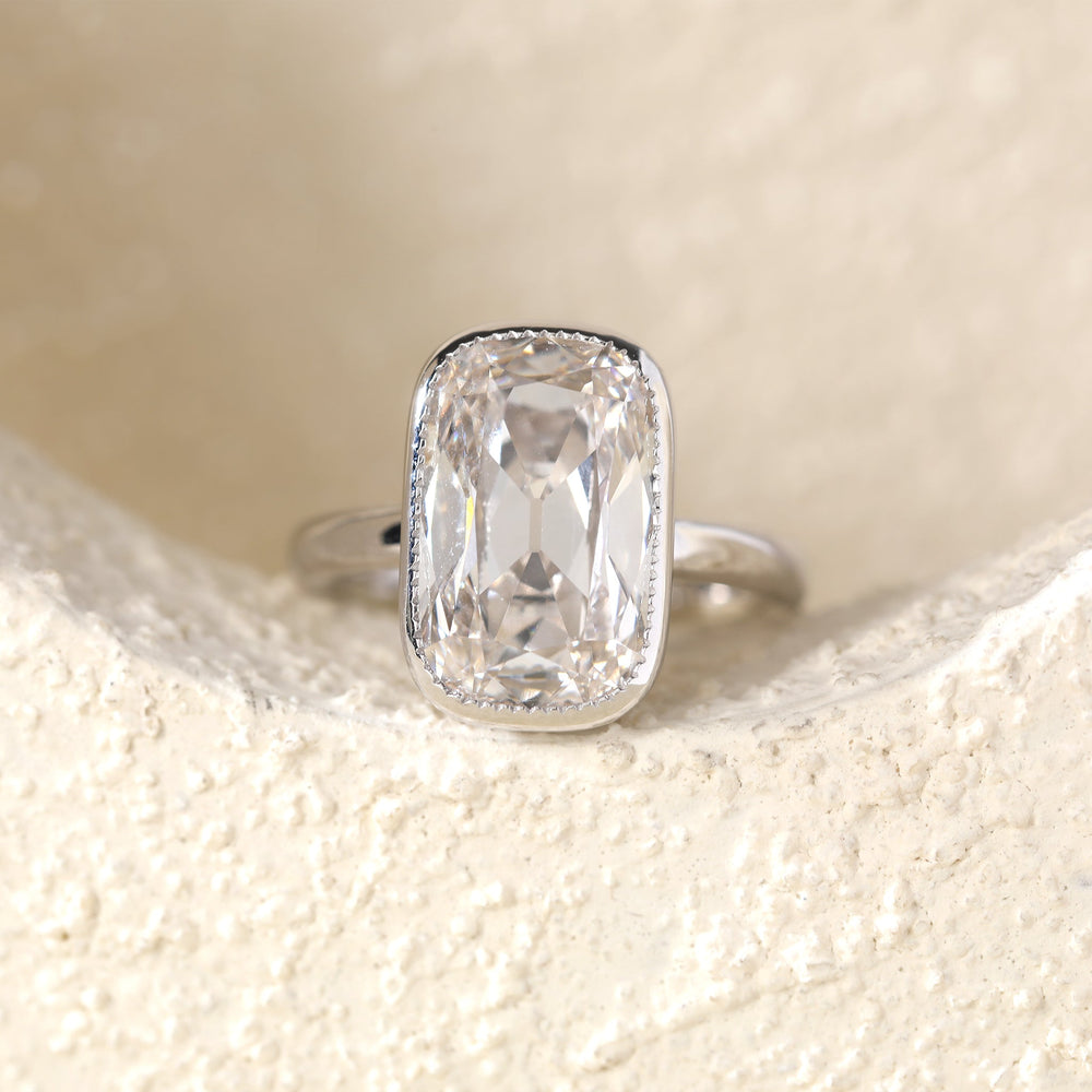 Classic Full Bezel Set Elongated Cushion Old Mine Cut Solitaire Ring - FIORESE JEWELRY