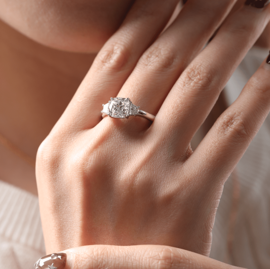 Cushion Brilliant Cut Lab Diamond 4 Claw Prong Basket Three - stone Ring with Brilliant Cut Trapezoid Side - stones - FIORESE JEWELRY