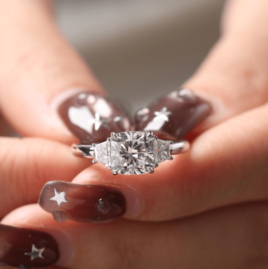 Cushion Brilliant Cut Lab Diamond 4 Claw Prong Basket Three - stone Ring with Brilliant Cut Trapezoid Side - stones - FIORESE JEWELRY