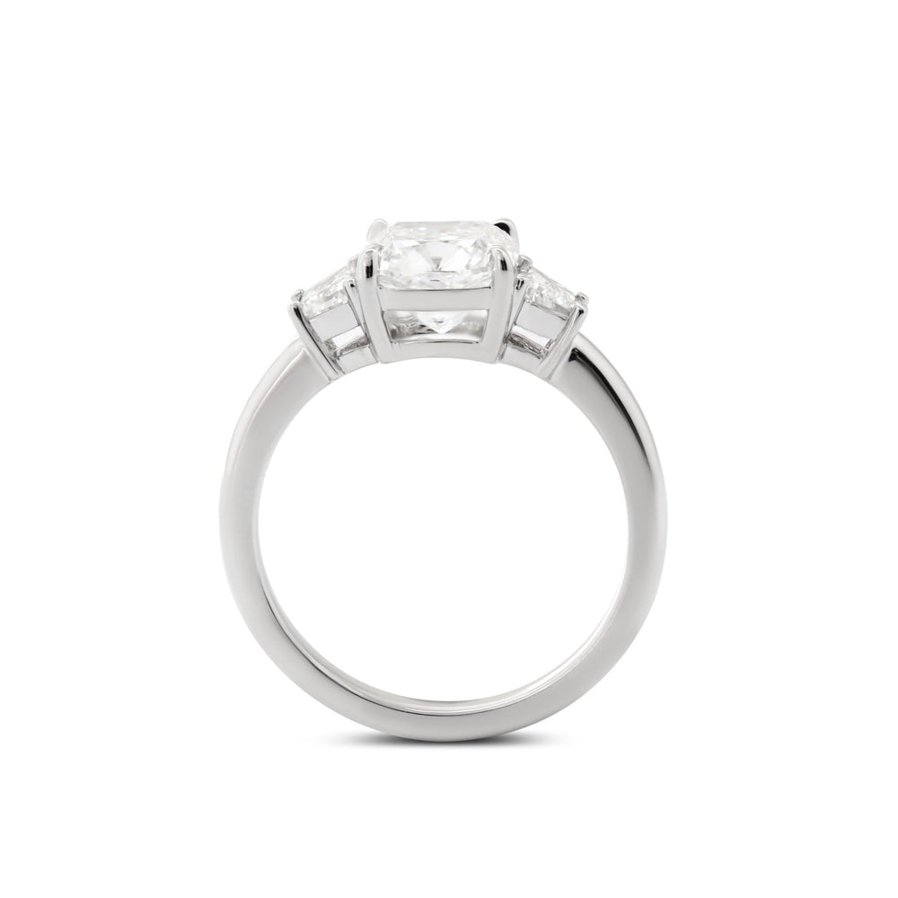 Cushion Brilliant - Cut Lab Diamond Three - Stone Engagement Ring with 4 - Claw Prong Basket Setting and Brilliant - Cut Trapezoid Side Stones - FIORESE JEWELRY