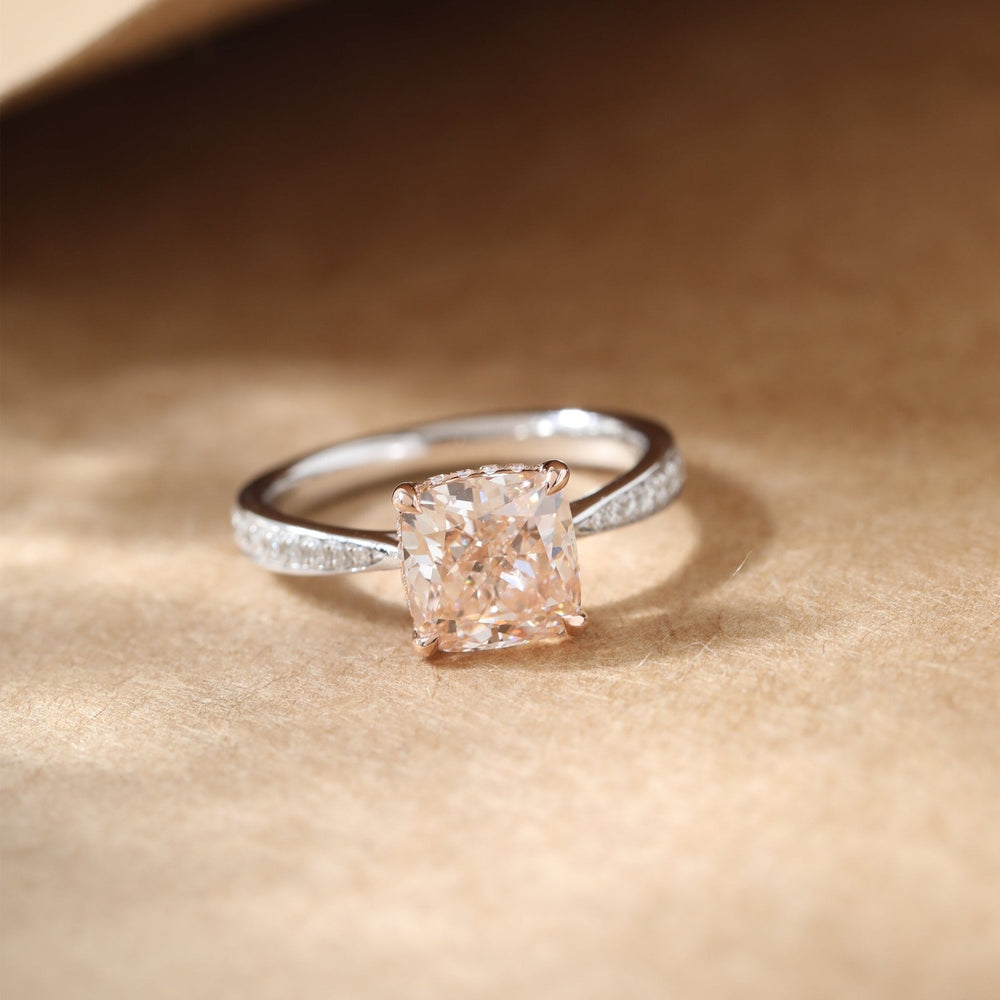Cushion Brilliant Cut Pink Lab Diamond Solitaire Ring with Hidden Halo - FIORESE JEWELRY