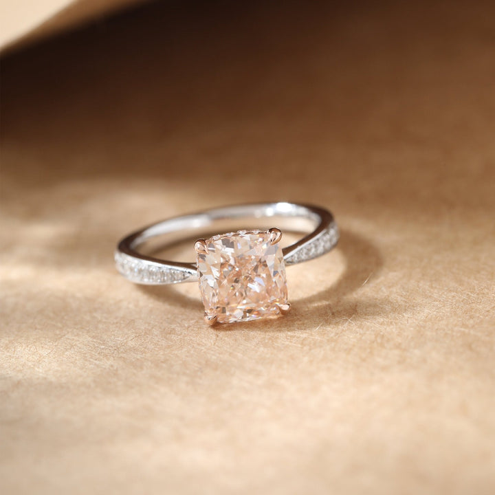 Cushion Brilliant Cut Pink Lab Diamond Solitaire Ring with Hidden Halo - FIORESE JEWELRY