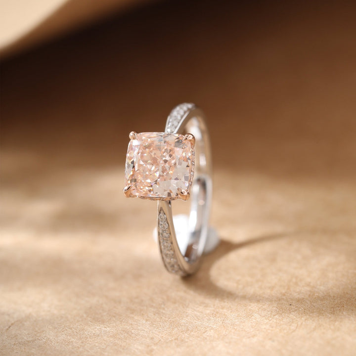 Cushion Brilliant Cut Pink Lab Diamond Solitaire Ring with Hidden Halo - FIORESE JEWELRY
