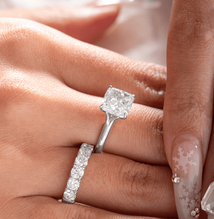 Cushion Cut Lab Diamond 4 - Claw Cathedral Bridal Set — Solitaire Engagement Ring with French Pavé Half Eternity Band - FIORESE JEWELRY
