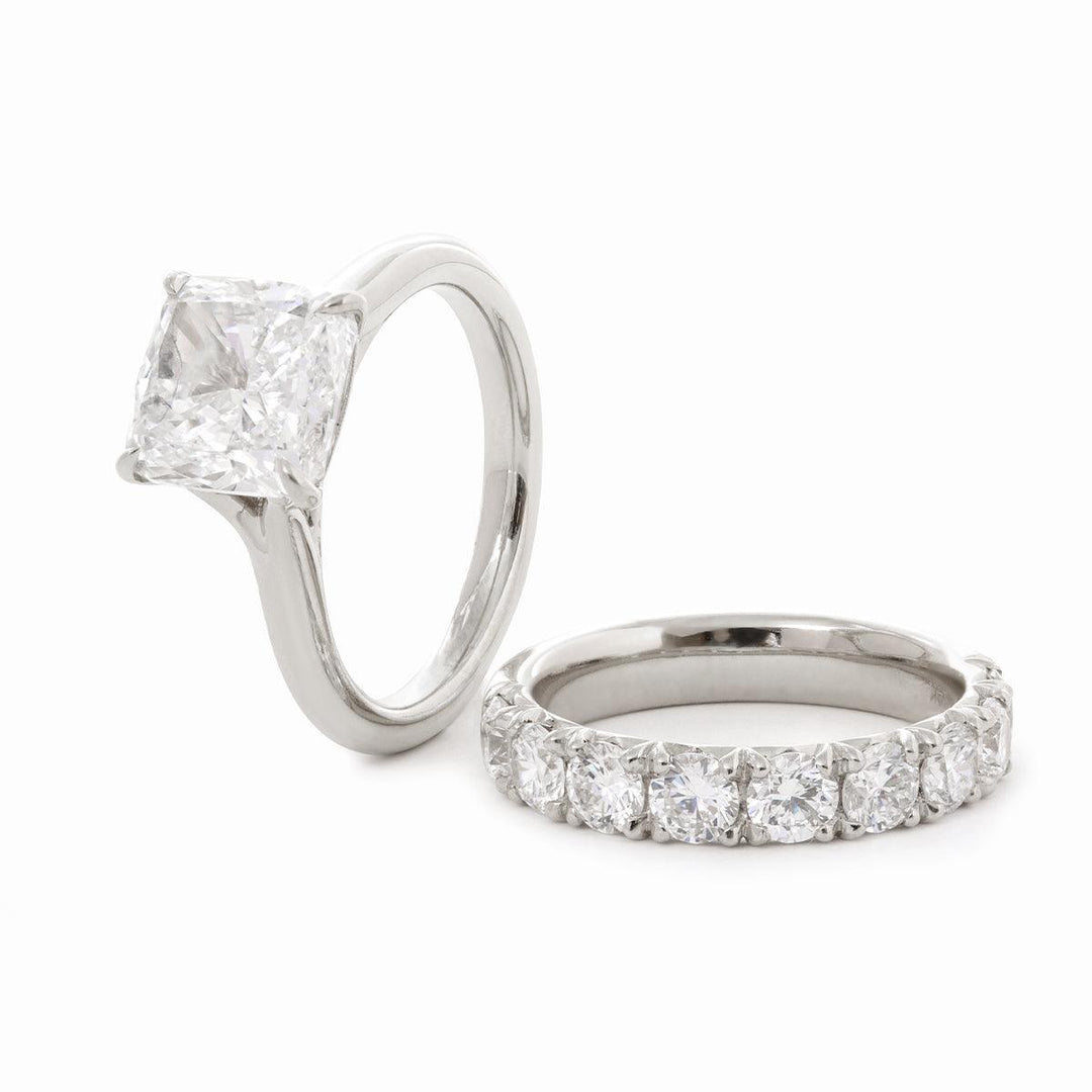 Cushion Cut Lab Diamond 4 - Claw Cathedral Bridal Set — Solitaire Engagement Ring with French Pavé Half Eternity Band - FIORESE JEWELRY