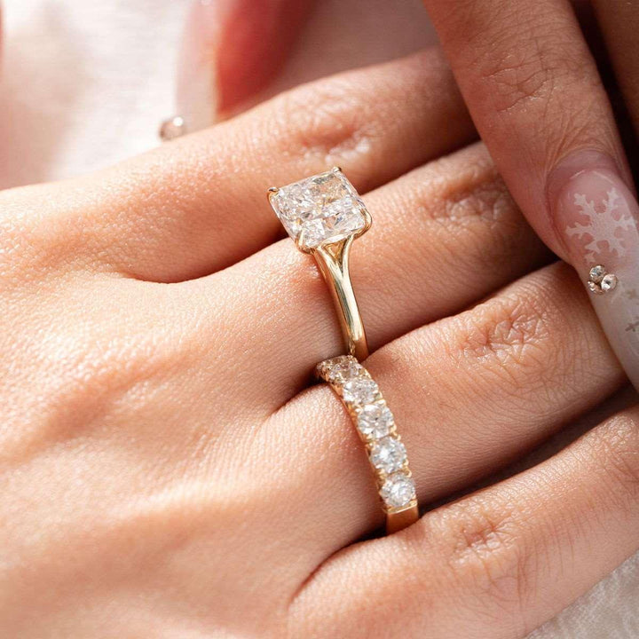 Cushion Cut Lab Diamond 4 - Claw Cathedral Bridal Set — Solitaire Engagement Ring with French Pavé Half Eternity Band - FIORESE JEWELRY